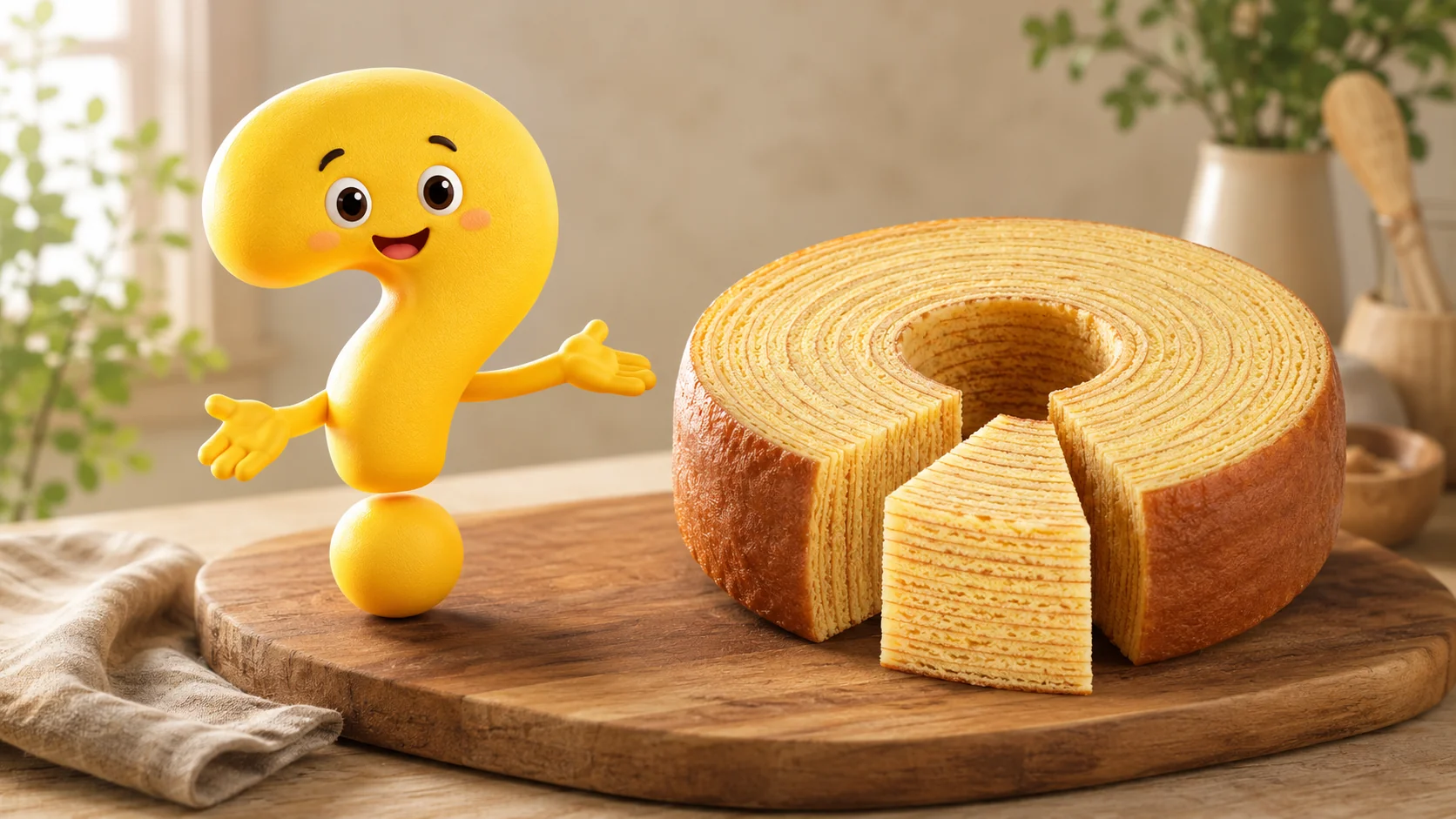 Angeschnittener Baumkuchen mit sichtbaren Schichten und freundlichem Fragezeichen-Maskottchen
