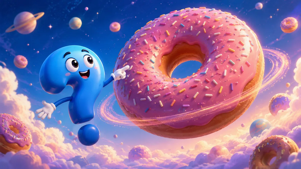 Blaues Fragezeichen-Maskottchen zeigt auf einen riesigen Donut mit Loch und rosa Glasur