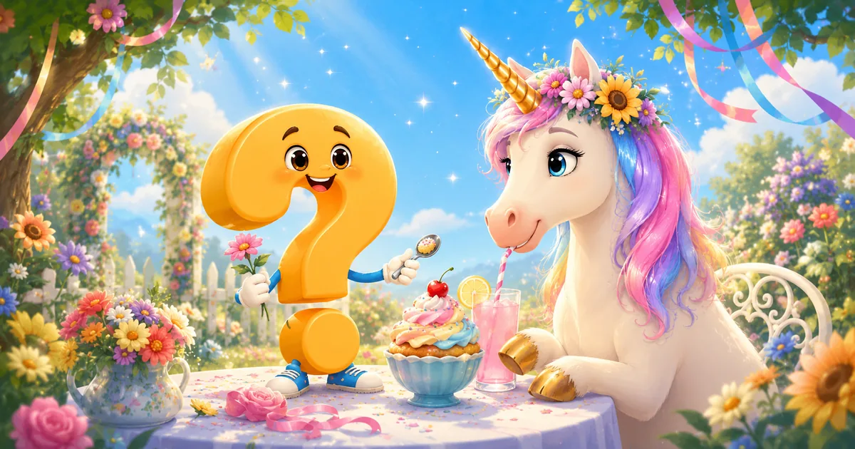 Question-King-Fragezeichen feiert mit einem Einhorn den Einhorntag an einem bunten Gartentisch