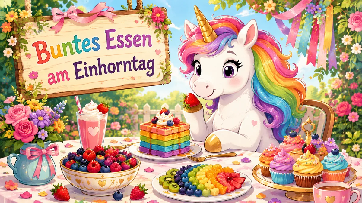 Buntes Essen am Einhorntag mit Einhorn, Beeren, Cupcakes und Regenbogenfrühstück