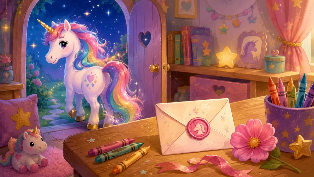 Geheimes Einhorn-Kompliment mit versiegeltem Brief und Einhorn