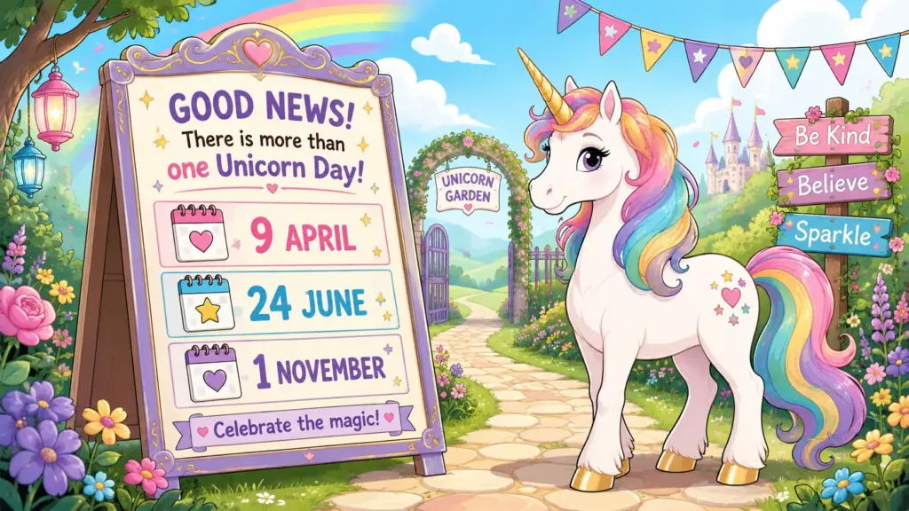Einhorn neben einem Kalender mit den Einhorntag-Daten 9. April, 24. Juni und 1. November