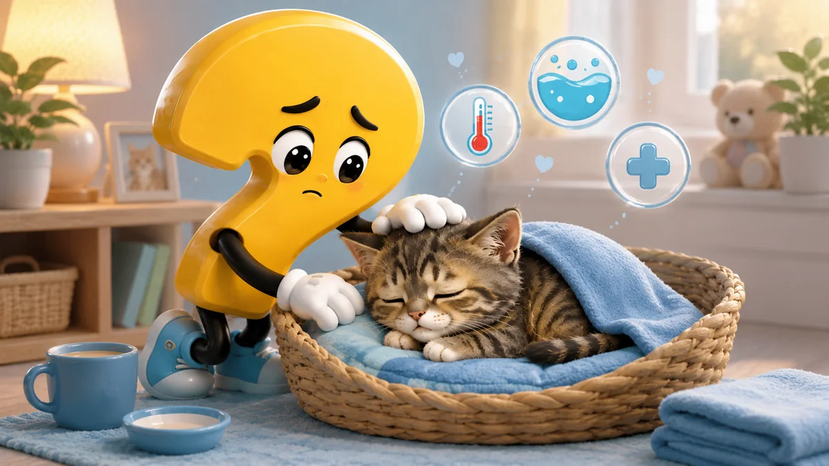 Besorgtes Fragezeichen-Maskottchen kümmert sich um kranke FIP Katze im Körbchen