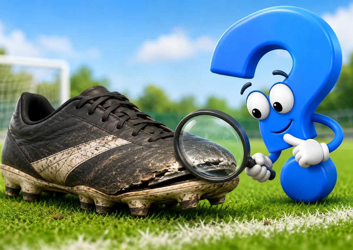 Fragezeichen prüft mit einer Lupe, ob man abgenutzte Fußballschuhe wechseln sollte