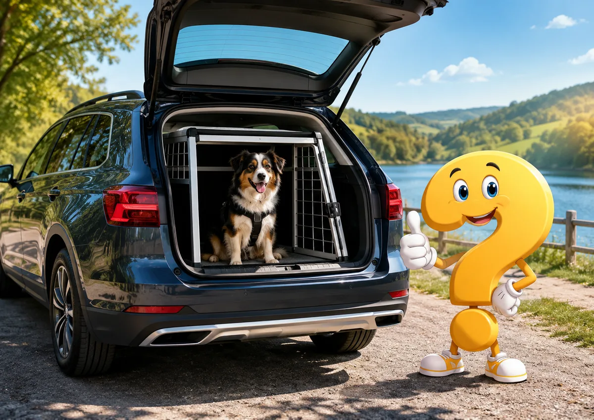 Hund im Auto transportieren: Hund sitzt gesichert in einer Transportbox im Auto neben dem Question-King-Maskottchen