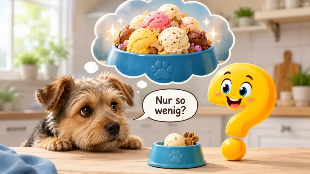 Verunsicherter Hund blickt auf eine sehr kleine Eisportion im Napf und träumt von einer größeren Portion, daneben das gelbe Fragezeichen-Maskottchen.