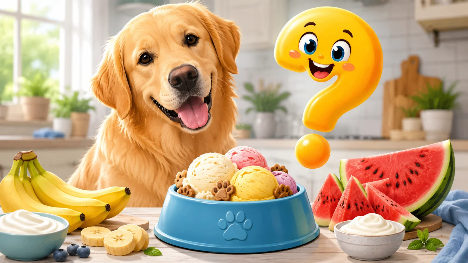 Hund mit selbstgemachtem Hundeeis aus Banane, Joghurt und Wassermelone