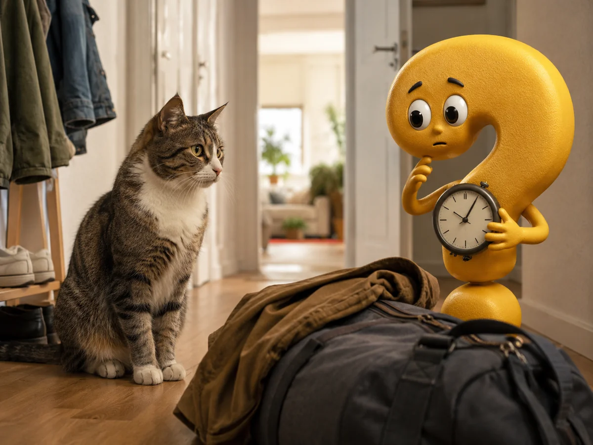 Katze alleine lassen mit Question-King-Fragezeichen, Uhr und Reisetasche im Flur