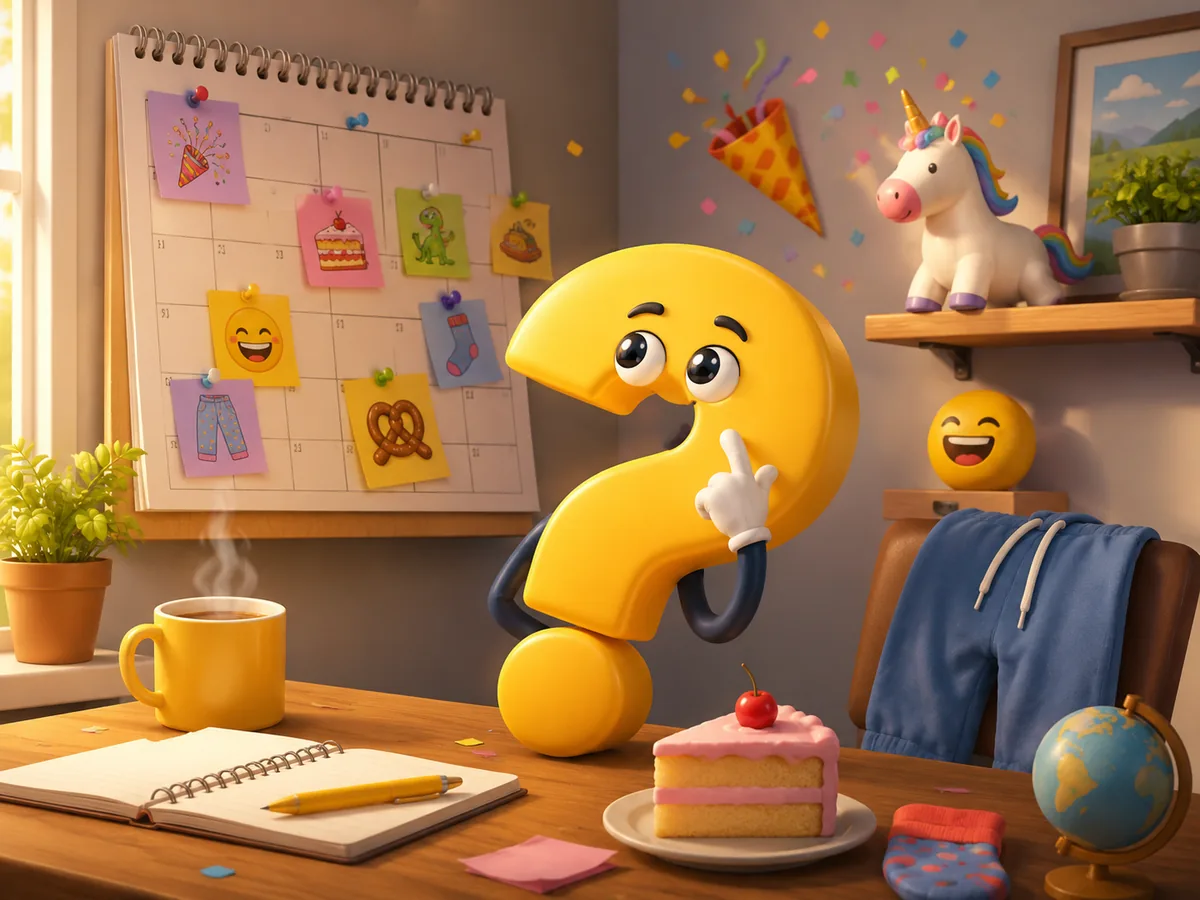 Fragezeichen-Figur vor einem Kalender mit Symbolen für kuriose Feiertage wie Einhorn, Kaffee, Kuchen und Jogginghose