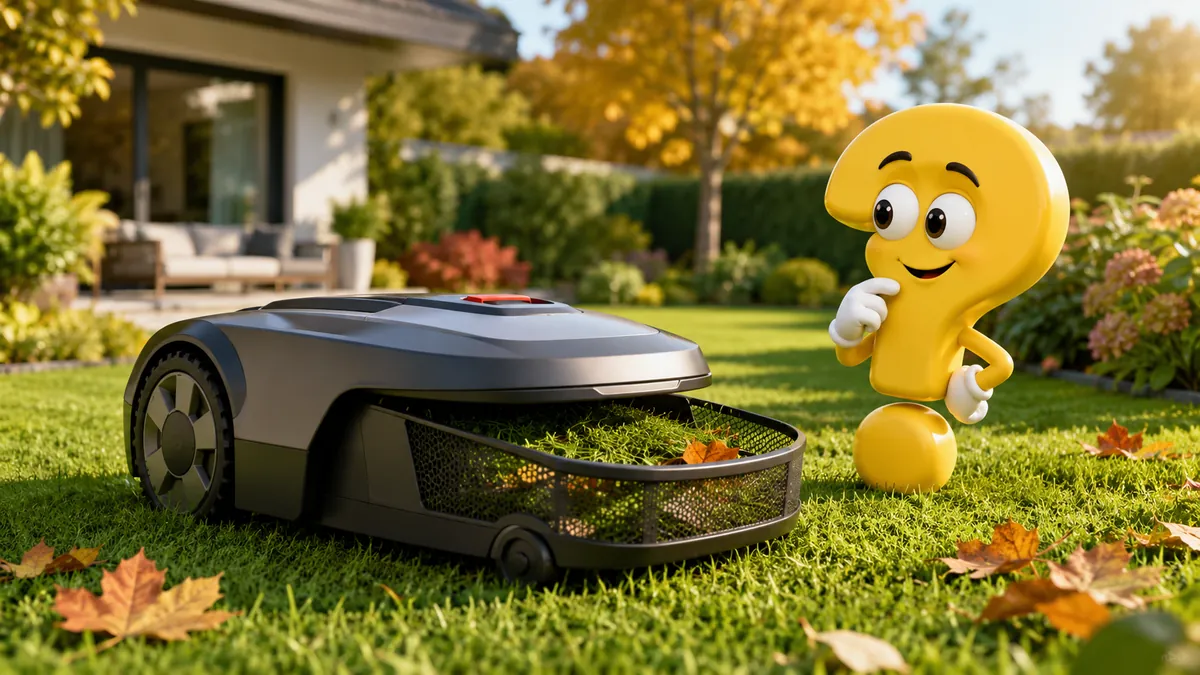 Mähroboter mit Fangkorb sammelt Rasenschnitt und Laub im Garten