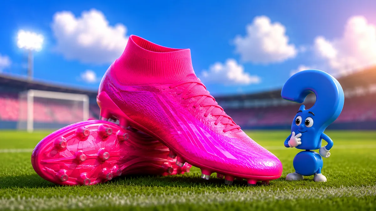 Pinke Fußballschuhe auf einem Fußballfeld neben dem Question-King-Fragezeichen