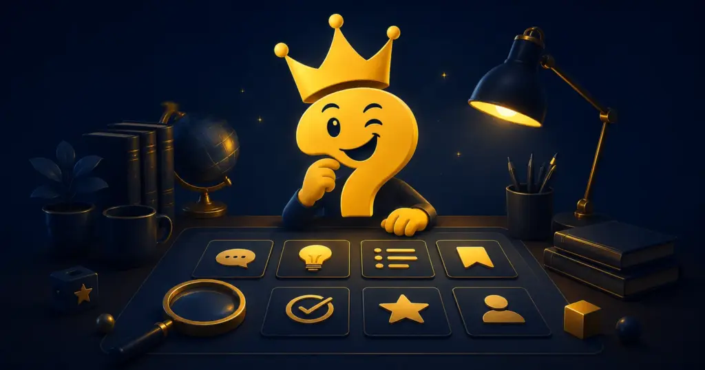 Question King als sympathisches Fragezeichen mit Krone an einem Schreibtisch voller Wissenssymbole