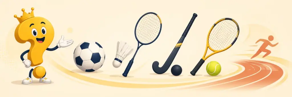Sport-Banner mit Question-King-Fragezeichen sowie Fußball, Badminton, Hockey, Tennis und Leichtathletik