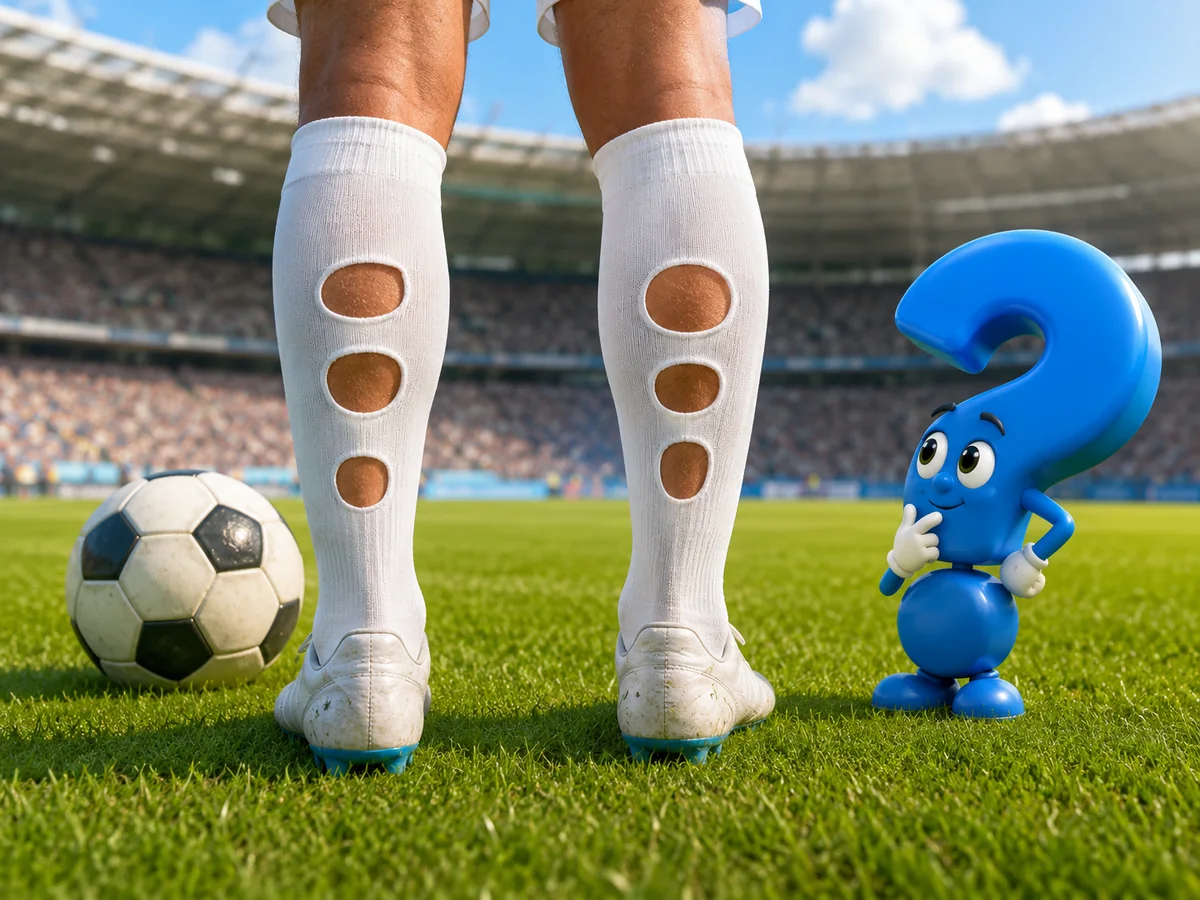 Löcher in den Stutzen eines Fußballers auf dem Spielfeld mit Ball und blauem Question-King-Fragezeichen