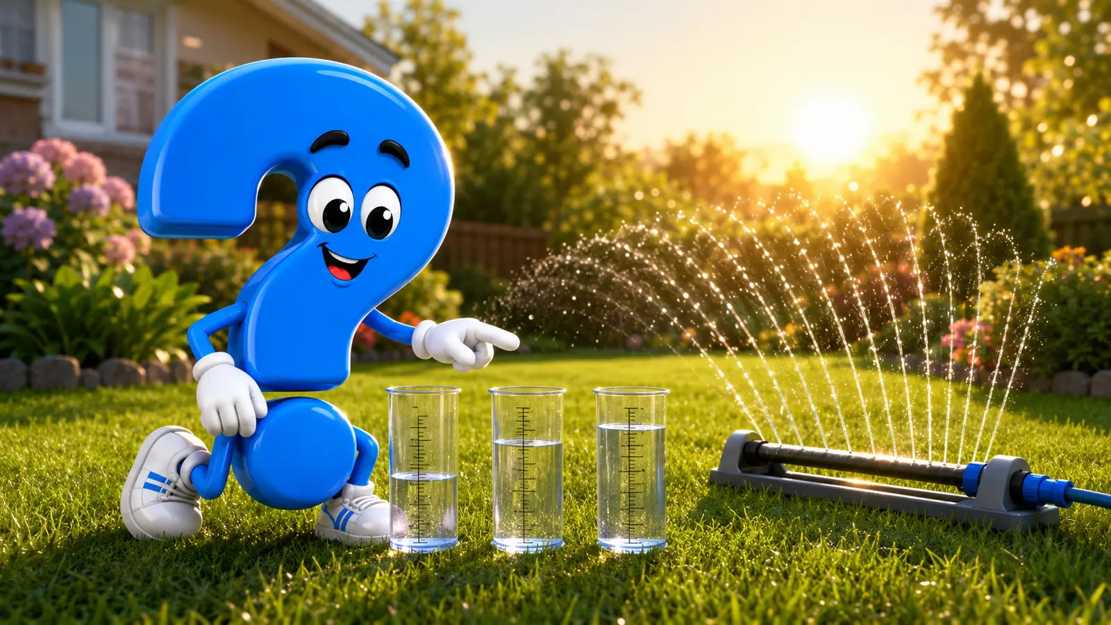 Blaues Fragezeichen-Maskottchen misst beim Rasen sprengen mit Gläsern die Wassermenge eines Rasensprengers.
