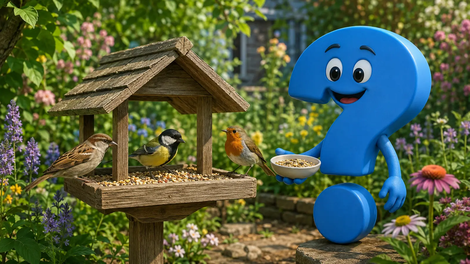 Blaues Fragezeichen-Maskottchen füttert Spatz, Kohlmeise und Rotkehlchen an einem Vogelhaus im sommerlichen Garten.
