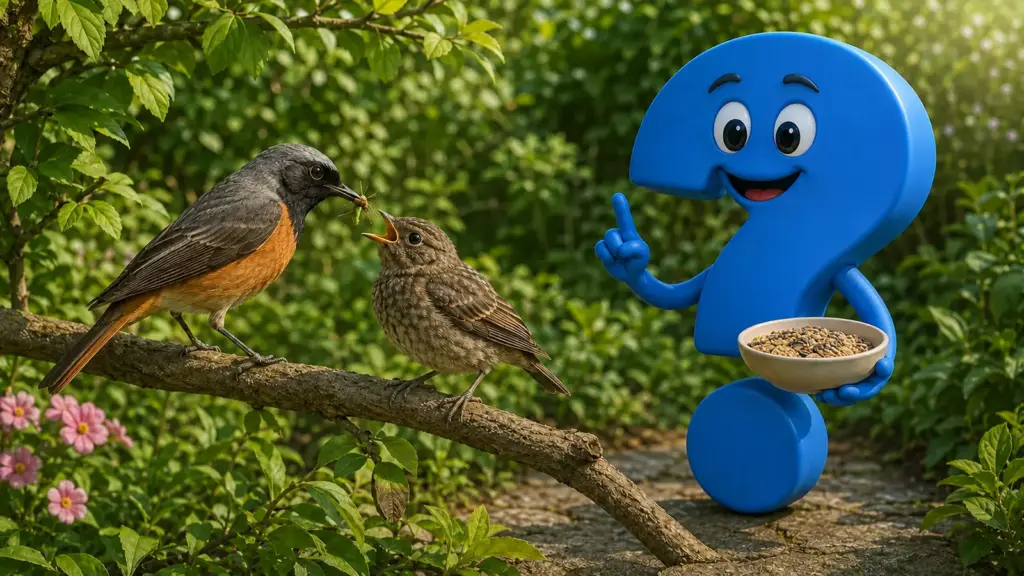Ein erwachsener Vogel füttert einen Jungvogel auf einem Ast neben einer Schale mit geeignetem Vogelfutter.