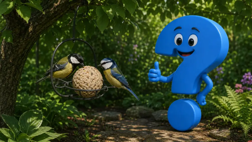 Zwei Meisen sitzen an einem aufgehängten Meisenknödel im schattigen Sommergarten