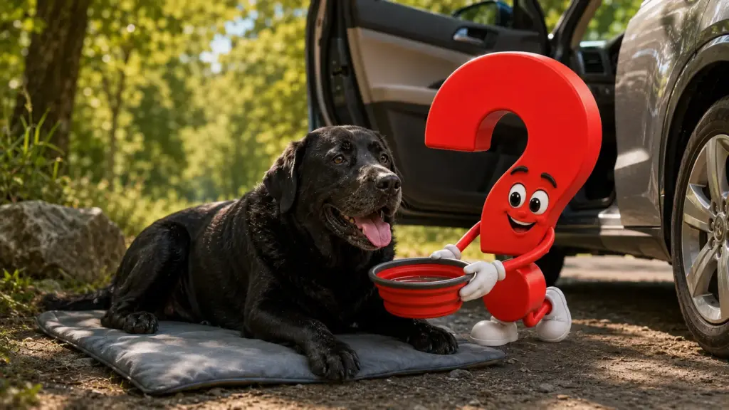 Hund macht während einer Autofahrt mit Wasser eine Pause im Schatten
