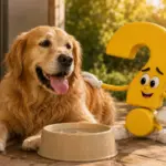 Hund zu warm Symptome: Stark hechelnder Hund liegt neben einem Wassernapf und dem Fragezeichen-Maskottchen