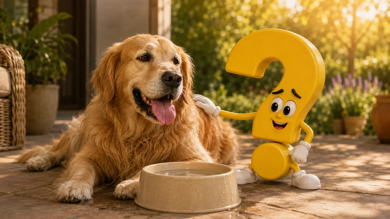 Hund zu warm Symptome: Stark hechelnder Hund liegt neben einem Wassernapf und dem Fragezeichen-Maskottchen
