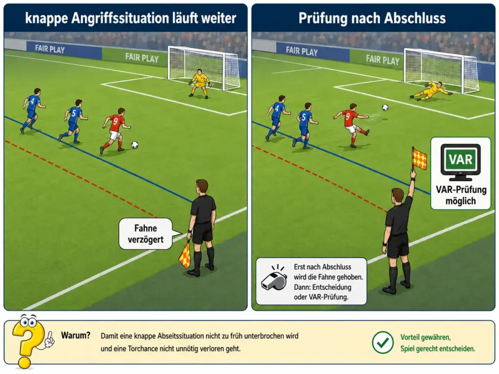 Grafik zum verzögerten Abseitspfiff: Der Linienrichter lässt eine knappe Angriffssituation zunächst weiterlaufen und hebt die Fahne erst nach dem Torabschluss, sodass eine VAR-Prüfung möglich bleibt.