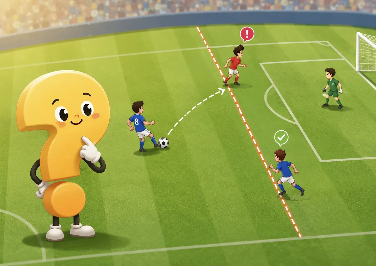 Abseitsregel im Fußball einfach erklärt mit Fragezeichen-Maskottchen und Abseitslinie