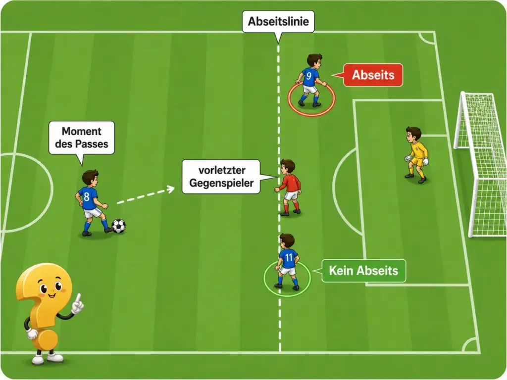 Grafik zur Abseitsregel im Fußball mit Passmoment, Abseitslinie, vorletztem Gegenspieler sowie Beispielen für Abseits und kein Abseits.