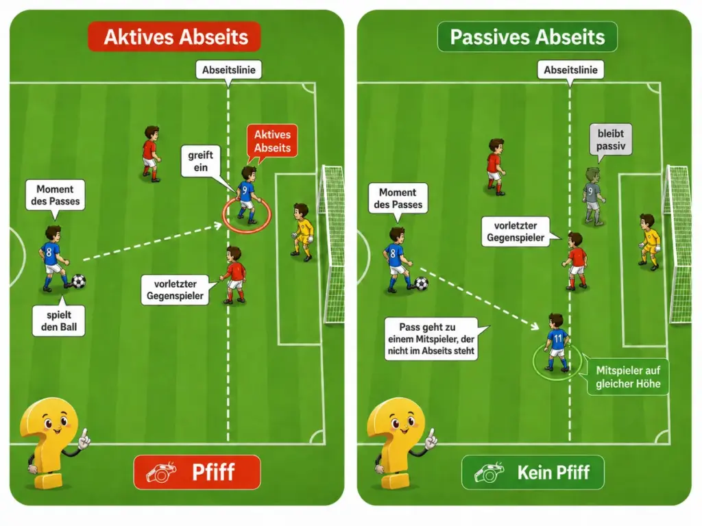 Aktives und passives Abseits im Fußball als einfache Schema-Grafik erklärt