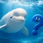Beluga-Wal mit gewölbter Stirn neben einem blauen Fragezeichen unter Wasser