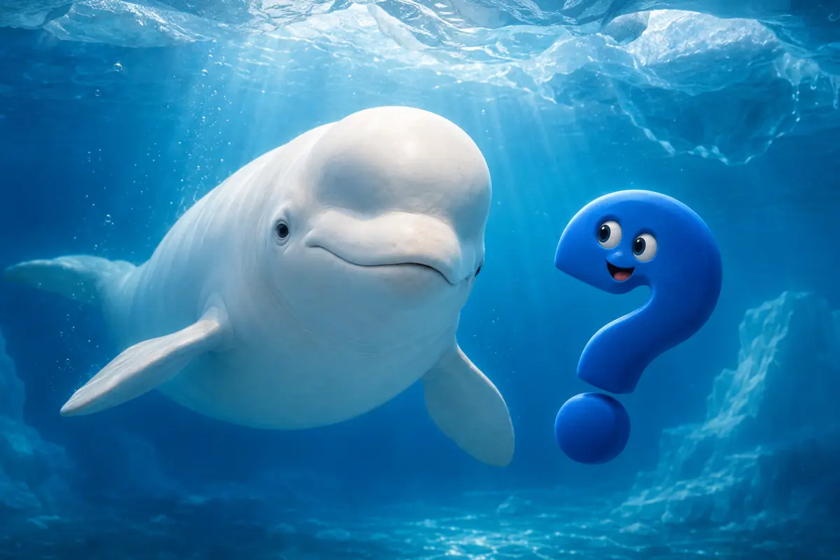Beluga-Wal mit gewölbter Stirn neben einem blauen Fragezeichen unter Wasser