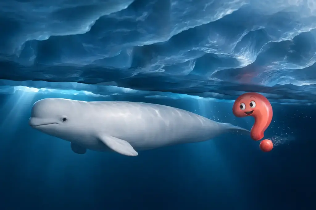 Beluga Wal schwimmt unter dem Meereis neben einem roten Fragezeichen