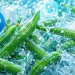 Bohnen einfrieren: Grüne Bohnen zwischen Eiswürfeln mit blauem Fragezeichen als Symbol für das Einfrieren von Bohnen