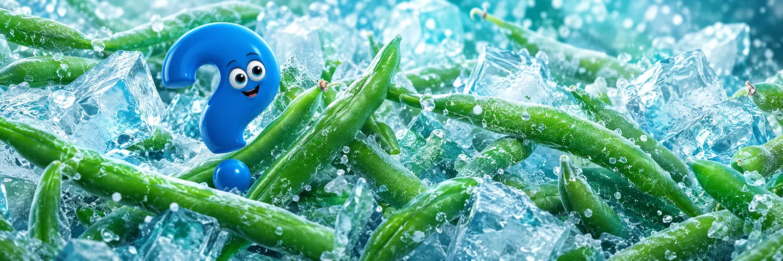 Bohnen einfrieren: Grüne Bohnen zwischen Eiswürfeln mit blauem Fragezeichen als Symbol für das Einfrieren von Bohnen
