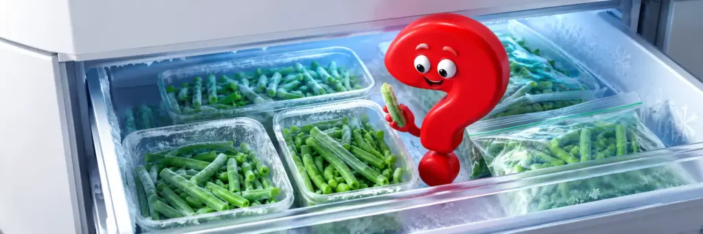 Rotes Fragezeichen in einer Gefrierschublade mit portionsweise eingefrorenen grünen Bohnen