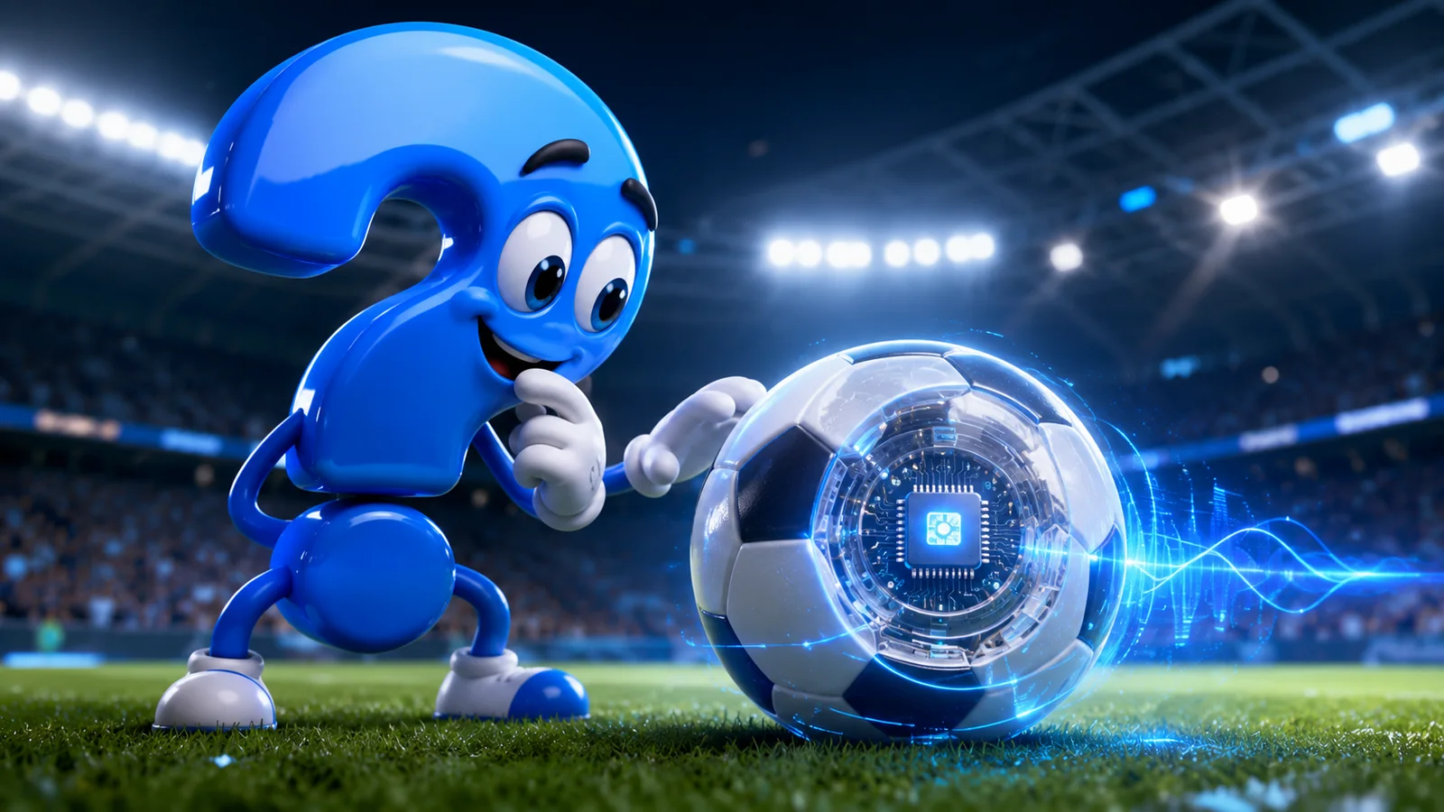 Chip im Ball: Blaues Fragezeichen-Maskottchen betrachtet einen leuchtenden Fußball mit Sensor im Stadion.