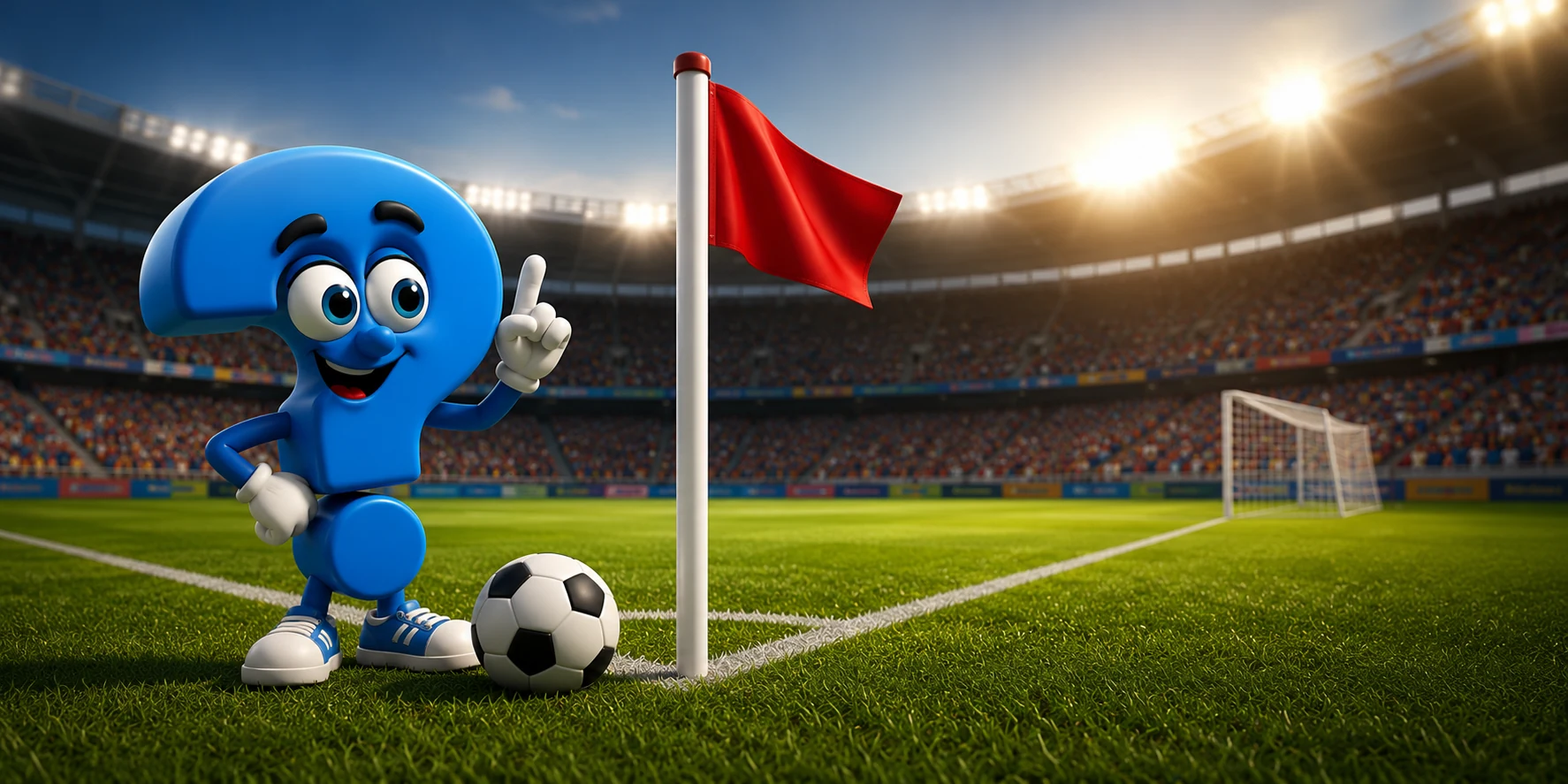 Blaues Fragezeichen-Maskottchen neben Fußball und roter Eckfahne bei einem Eckstoß im Stadion