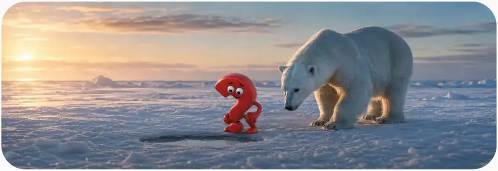 Eisbär und rotes Fragezeichen-Maskottchen untersuchen ein Atemloch im arktischen Meereis