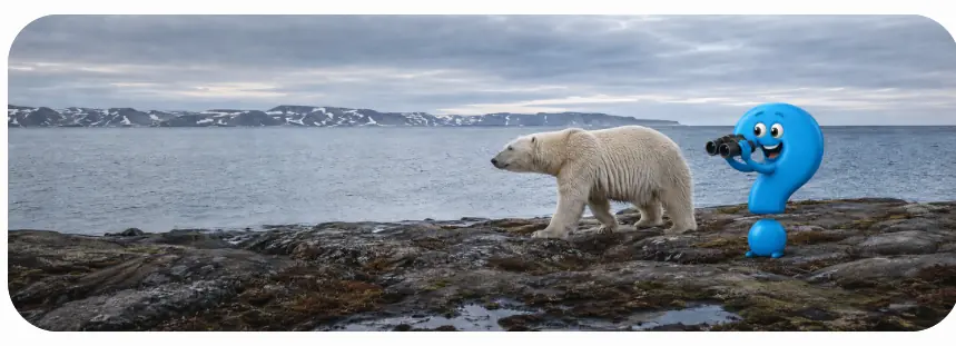 Wo leben Eisbären? Eisbär in arktischer Küstenlandschaft neben blauem Fragezeichen mit Fernglas