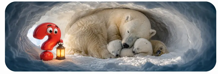 Eisbärin mit zwei Jungtieren in einer Schneehöhle neben rotem Fragezeichen-Maskottchen