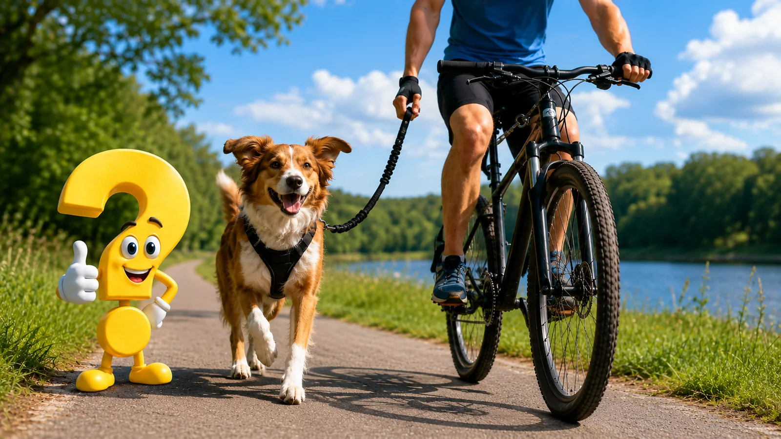 Fahrradfahren mit Hund: Ein Hund läuft im Geschirr an lockerer Leine neben einem Radfahrer, begleitet vom Fragezeichen-Maskottchen.
