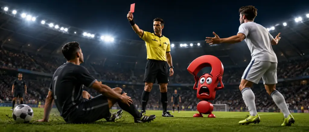 Schiedsrichter zeigt nach einem Foul im Fußball die Rote Karte, während das rote Fragezeichen-Maskottchen entsetzt reagiert