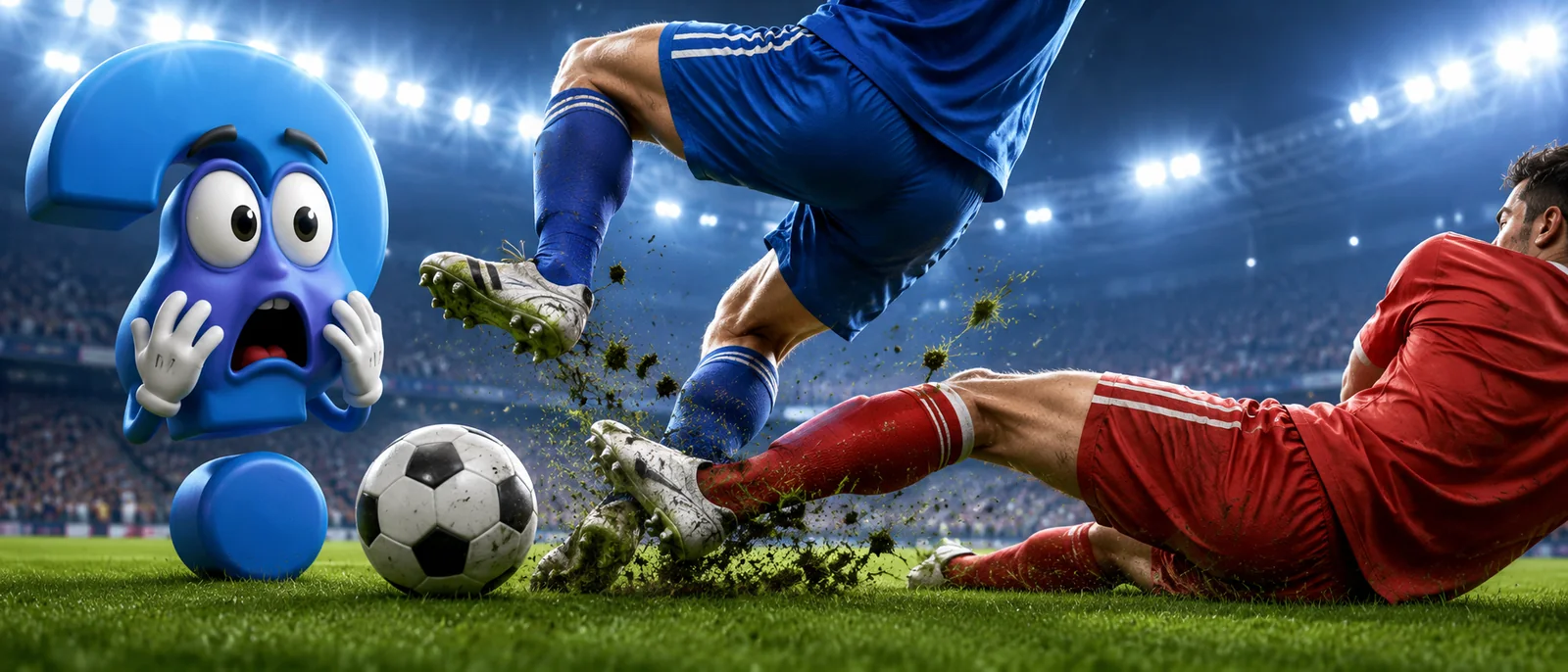 Dramatisches Foul im Fußball bei einer Grätsche, beobachtet von einem erschrockenen blauen Fragezeichen-Maskottchen