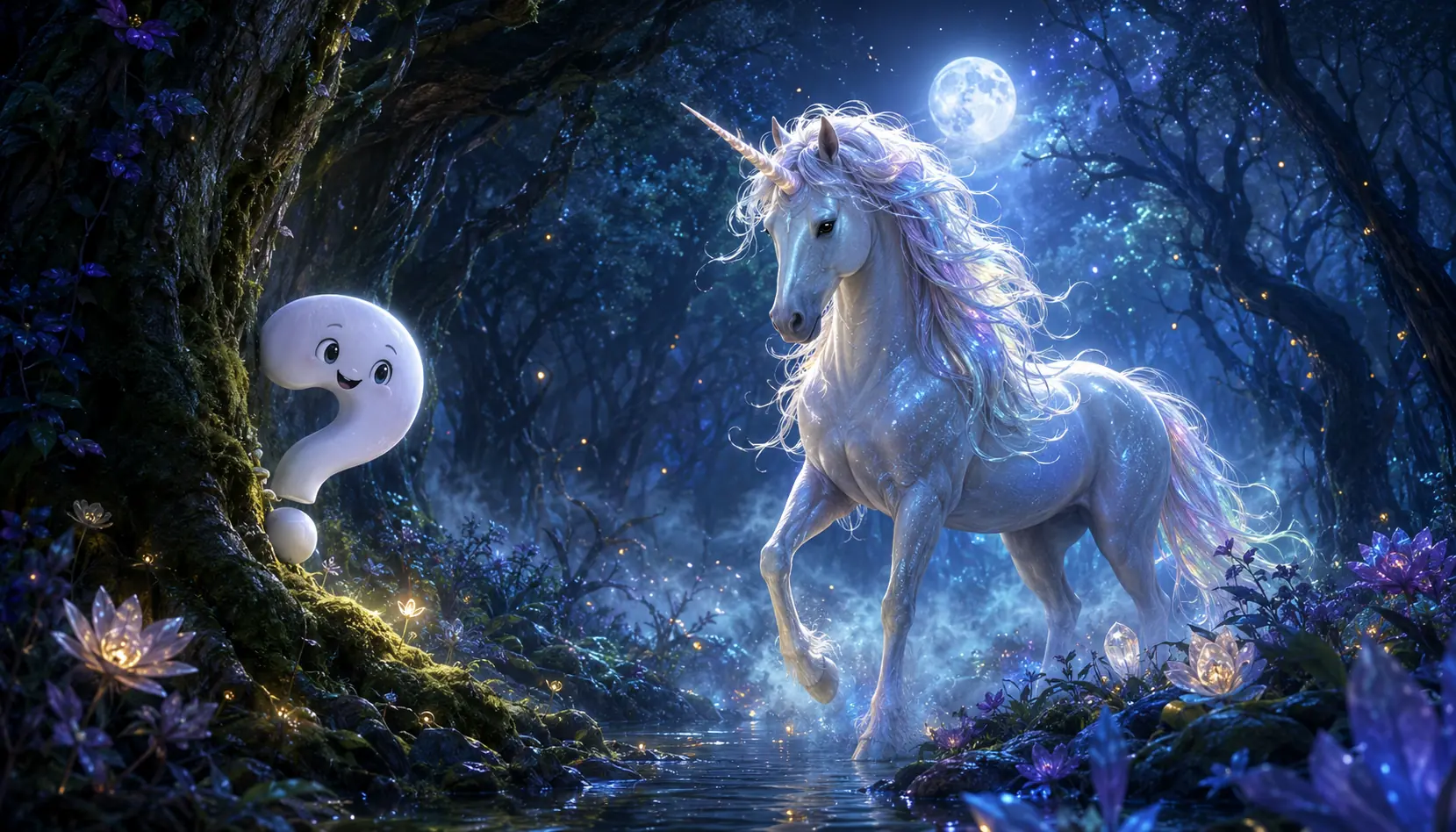 Gab es Einhörner wirklich? Weißes Einhorn begegnet einem Fragezeichen-Maskottchen im nächtlichen Zauberwald