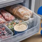 Gefrierbrand auf Fleisch, Brot, Gemüse, Beeren und Eis in einem geöffneten Gefrierschrank