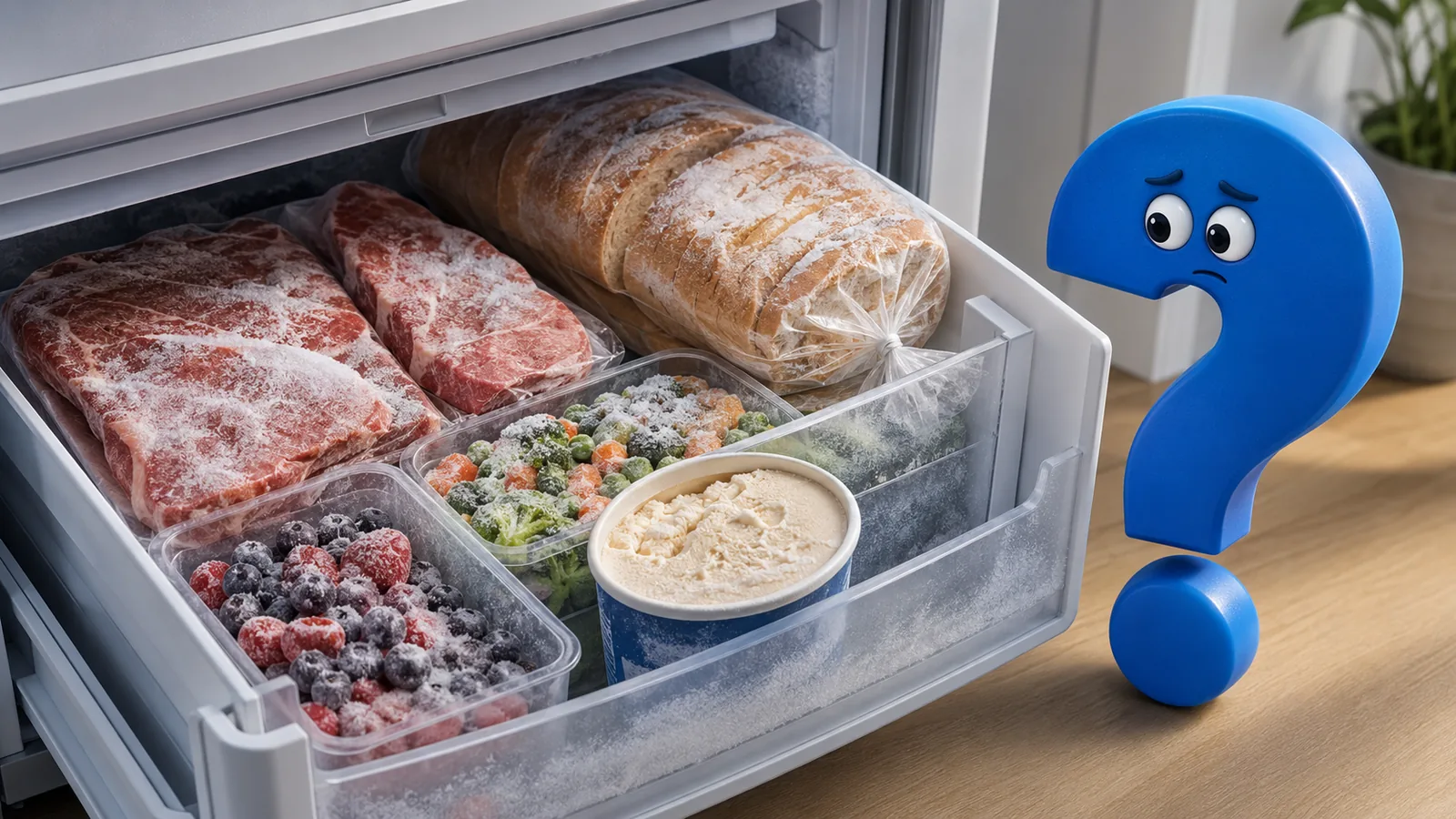 Gefrierbrand auf Fleisch, Brot, Gemüse, Beeren und Eis in einem geöffneten Gefrierschrank