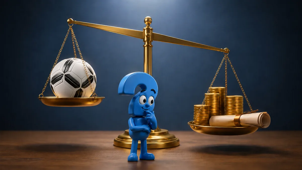 Symbolbild zu Gianni Infantino als FIFA-Präsident: Fragezeichen-Maskottchen vor Waage mit Fußball, Geld und Dokumenten