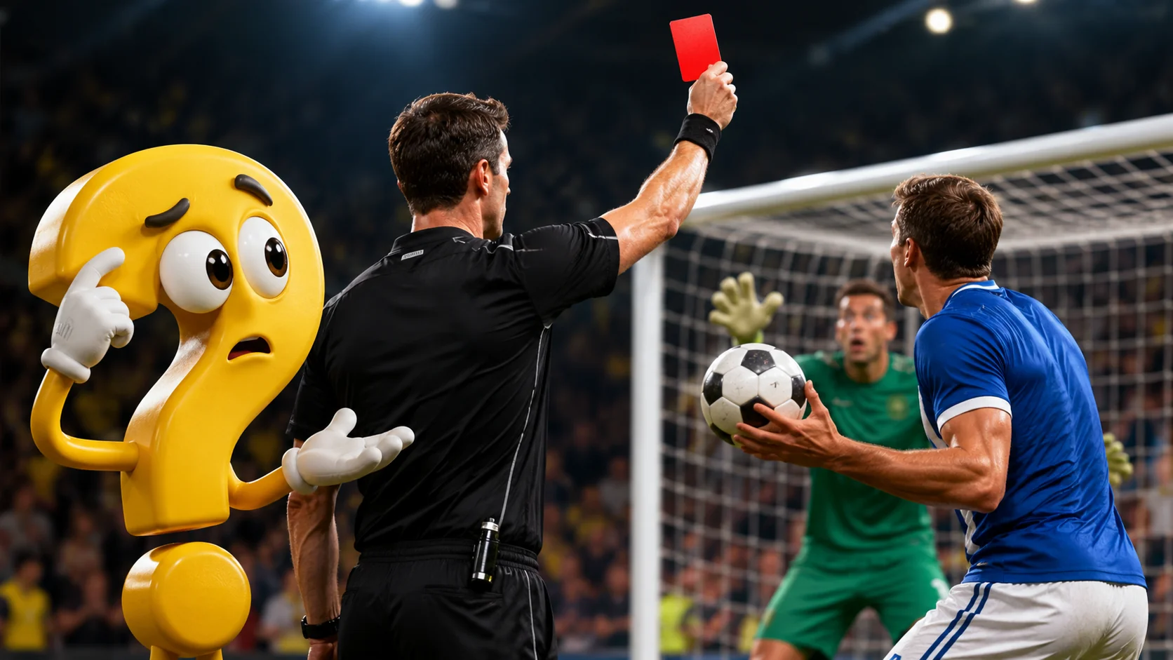 Schiedsrichter zeigt nach einem Handspiel beim Fußball die Rote Karte, während ein gelbes Fragezeichen-Maskottchen die Szene beobachtet