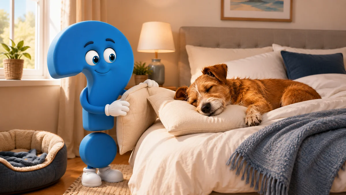 Friedlich schlafender Hund im Bett mit blauem Fragezeichen-Maskottchen am Bettrand.
