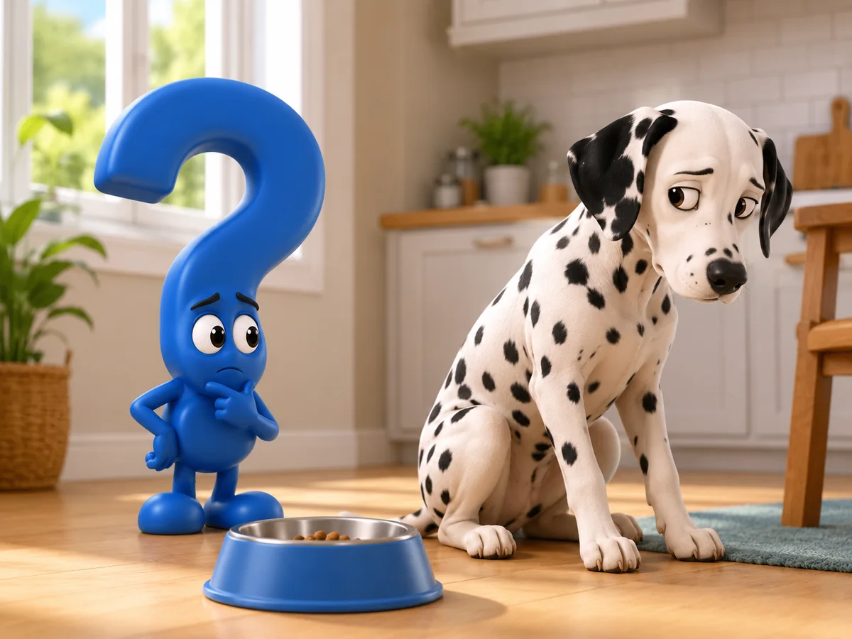 Hund isst nichts: Dalmatiner sitzt neben einem vollen Futternapf und dem blauen Fragezeichen-Maskottchen.